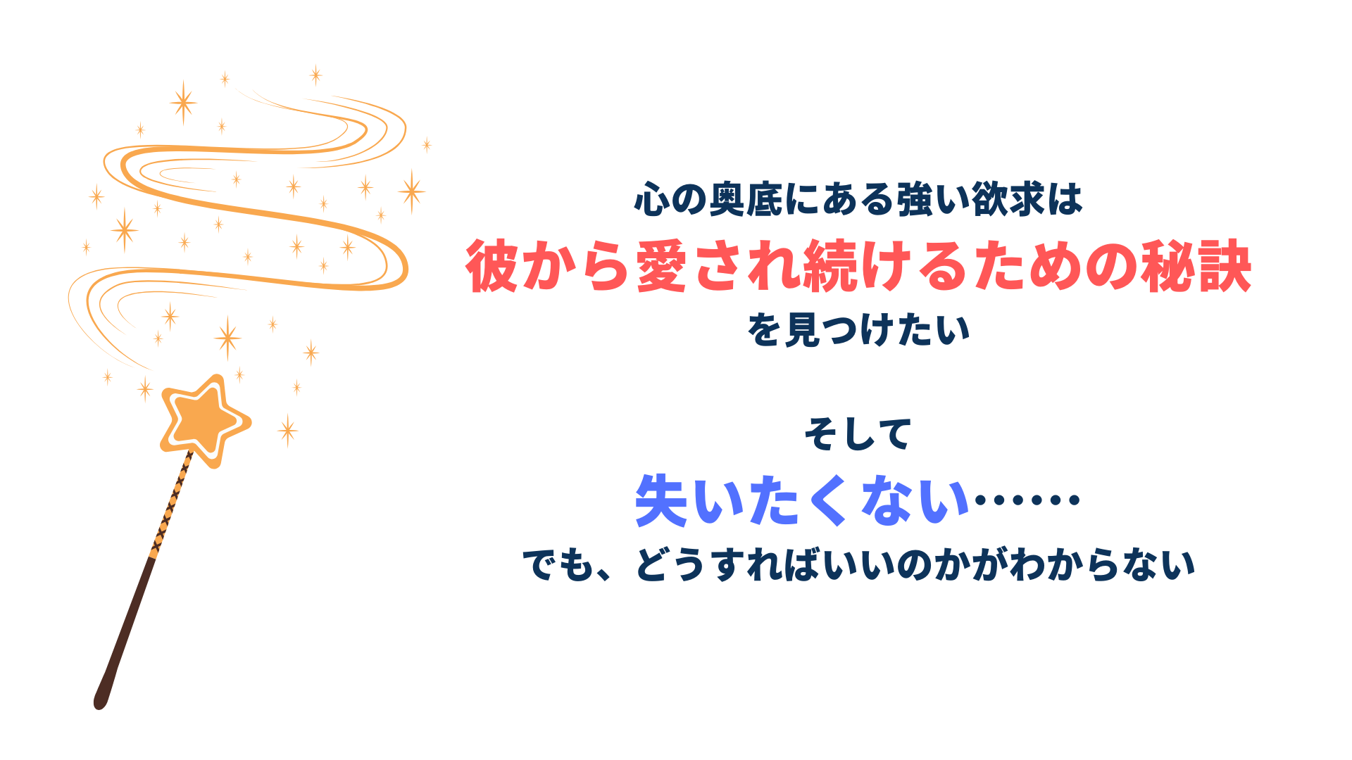 心の奥底にある強い欲求は 彼から愛され続けるための秘訣 を見つけたい そして 失いたくない…… でも、どうすればいいのかがわからない